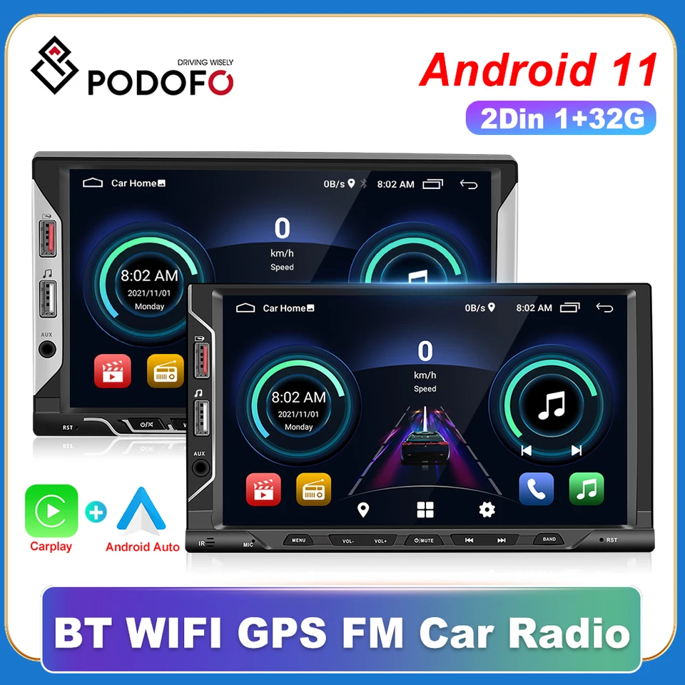 Podofo CarPlay GPS Car Stereo Radio 7 '' Android 11 GPS BT WiFi USB FM Video Player pre VW Nissan Hyundai Toyota Universal 2DIN