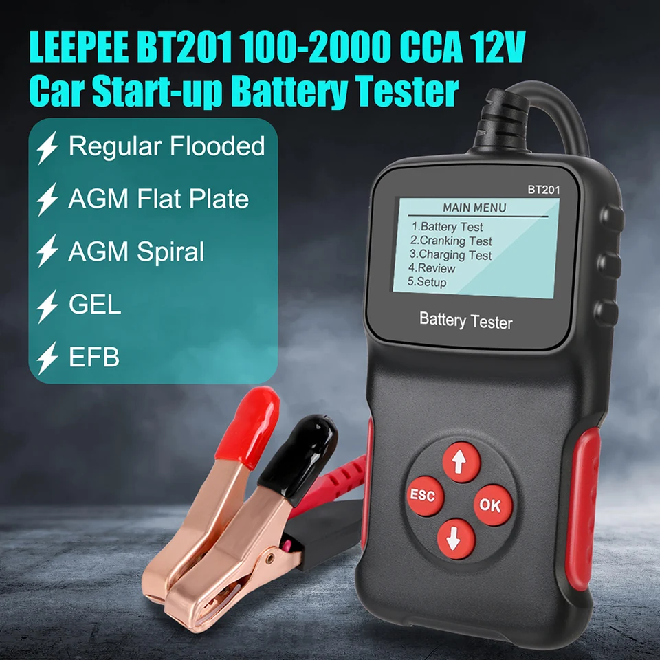 Podpora 6 jazykov Tester batérií 100-2000 CCA Multifunkcia BT201 12V Cranking Nabíjanie Test obvodu