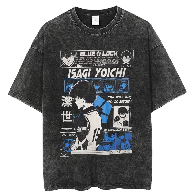 Podpora vlastné anime modré zámok vymyté tričko Men muž Harajuku manga grafické streetwear vintage tričko letné vrcholy tričko Tee