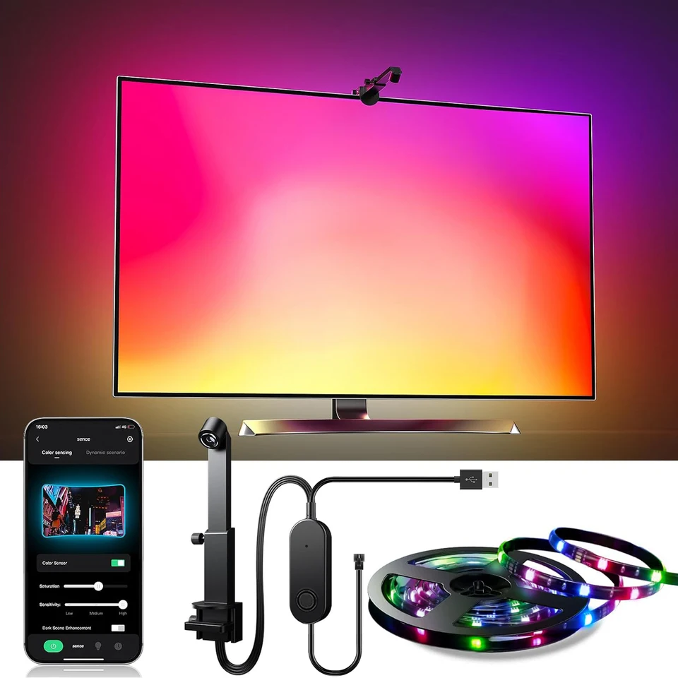 Podsvietenie RGBIC TV, farebný snímač farebného gamutu môže zachytiť časť farby na obrazovke, 12,5 stôp (55-65 TV), 16,4 stôp (65-85 TV), USB Power