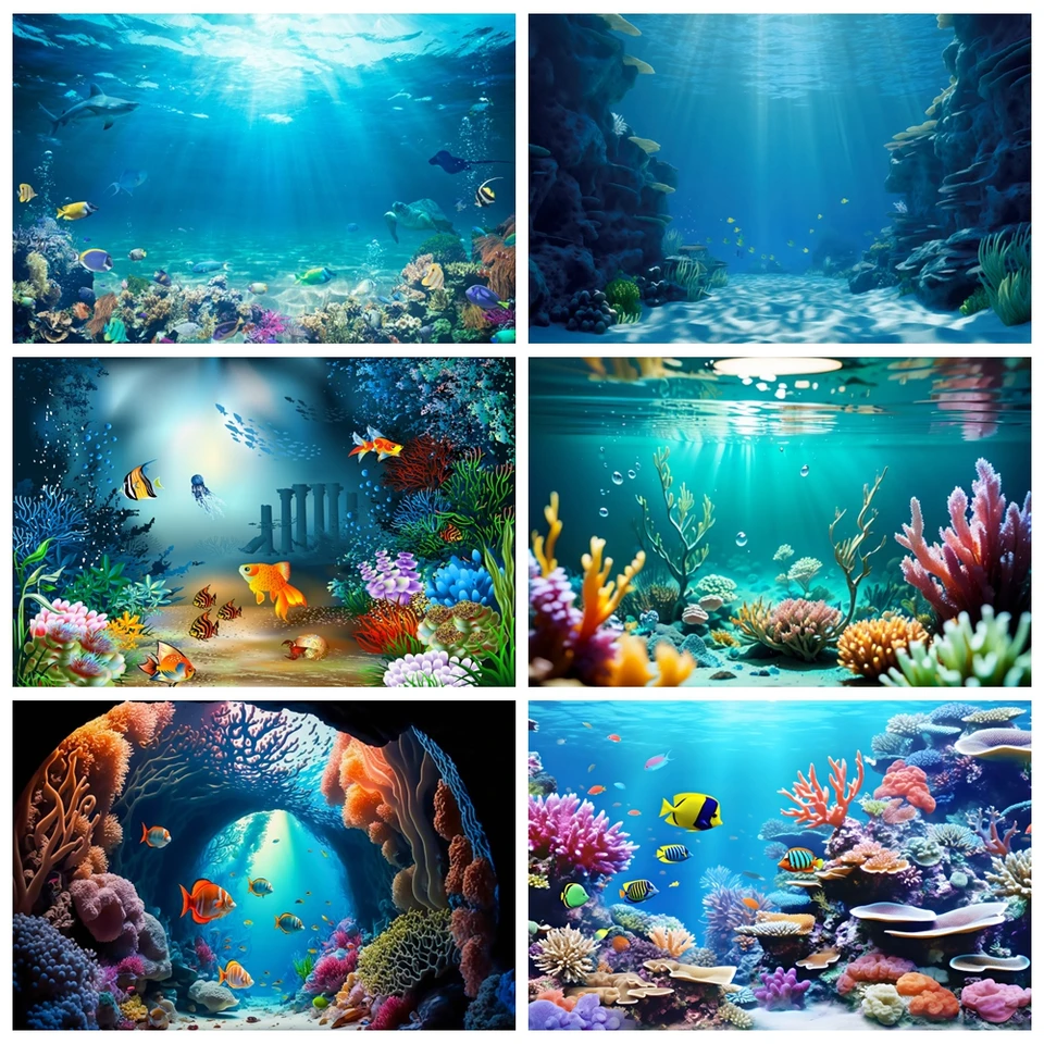 Podvodné svetové morské dno Pozadie pre fotografiu oceán podmorské žraloky rybie koralové akvárium dieťa narodeninové pozadie Photo štúdio