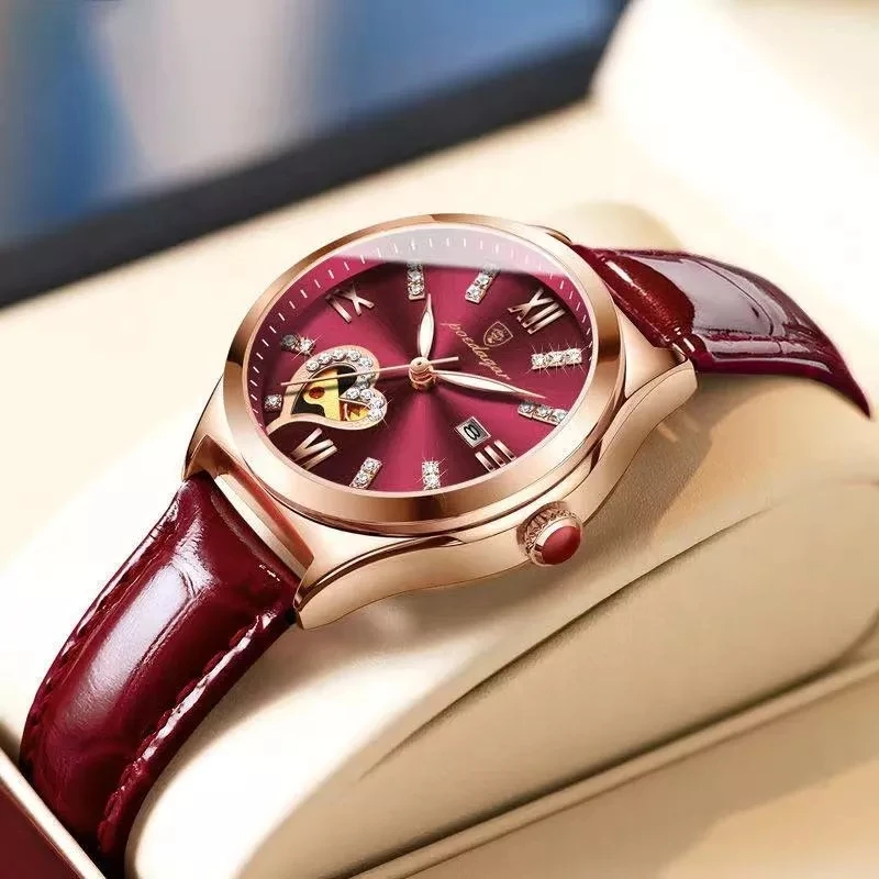 Poedagar 2022 Dámske hodinky módne kožené romance Red Dial Luxusné dámy hodinky WotoProof Quartz Date Wristwatch