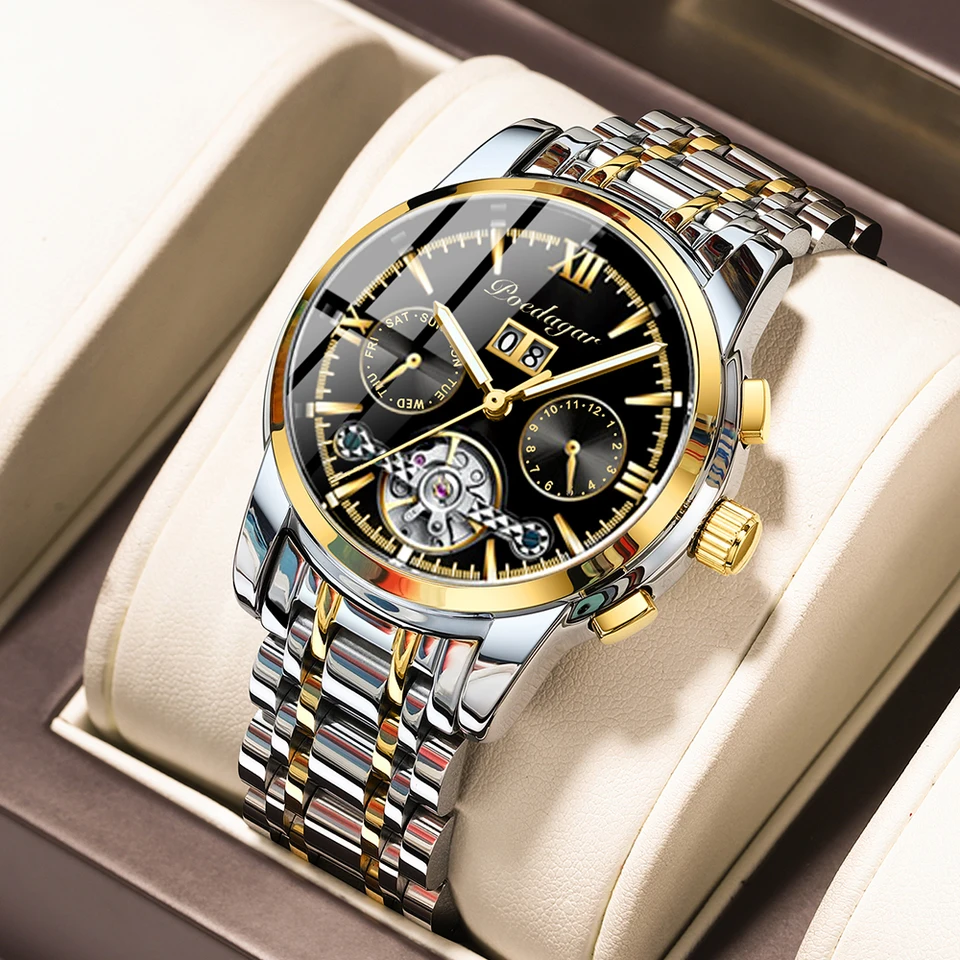 Poedagar Automatický mechanický muž náramky Hollow Tourbillon z nehrdzavejúcej ocele Sledujte vodotesné žiarivé dátum Pánske hodinky