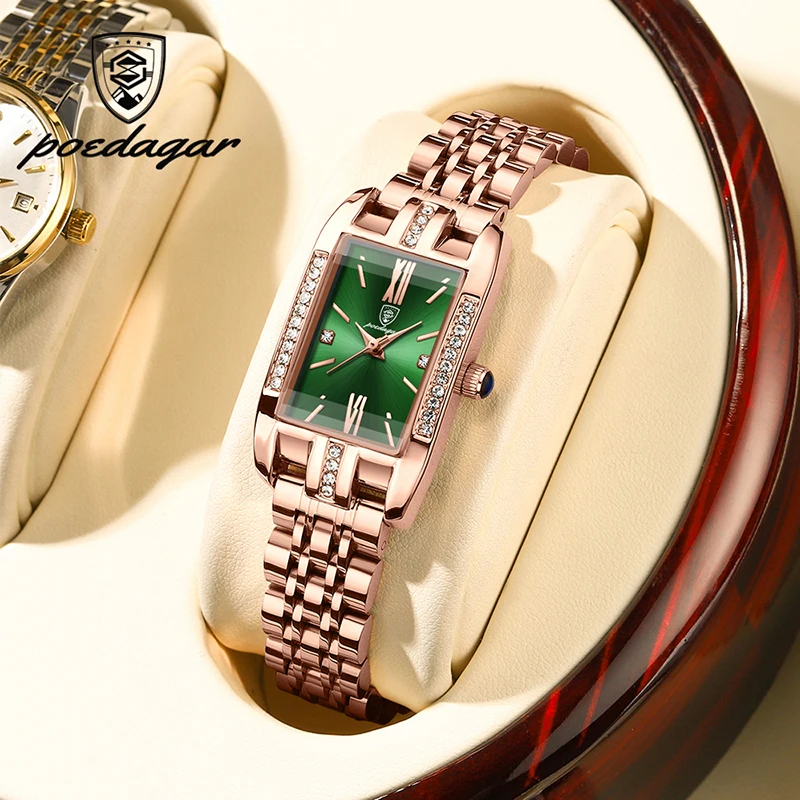 Poedagar Green Small Dial Dámske hodinky Square Top Luxury Diamond Brand Rose Gold Steel Strap Dámske hodinky Vodotesný náramok