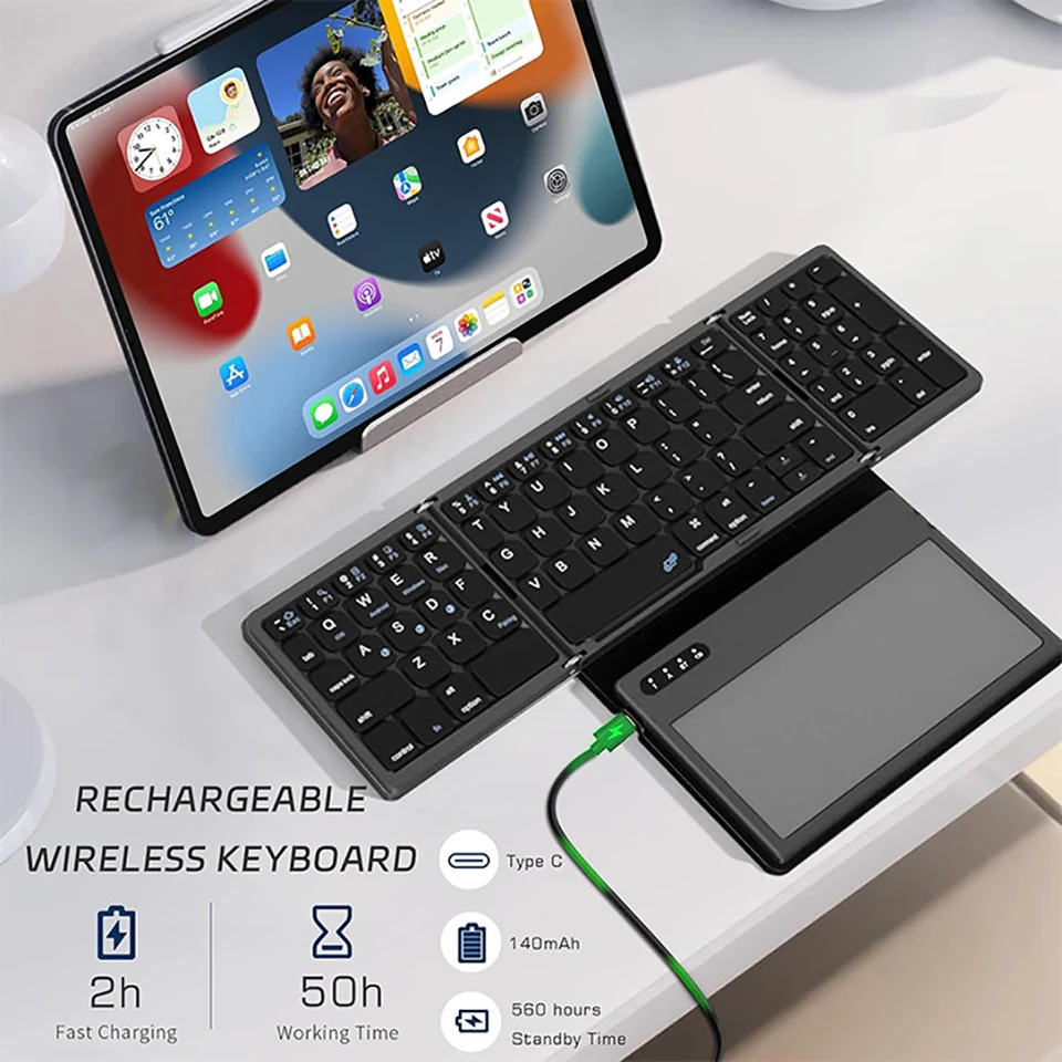 Pohľadná skladacia klávesnica prenosná s dotykovým skladateľným skladateľnou klávesnicou Bluetooth Wireless Cestovná klávesnica pre Windows/iOS/Android