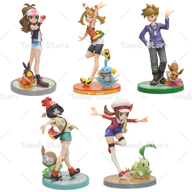 Pokemon Figures Postavy s pokémonom parterom Hilda Tepig May Mudkip Blue Oak Eevee Selene Rowlet Lyra Chikorita PVC Models
