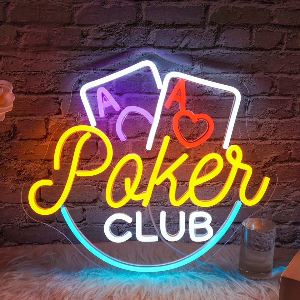Poker Club Neon Sign for Wall Decor Dommable Card Game LED svetlá Art Logo pre domáce bary Club Gaming Zone Gamer Room Neon Lamp