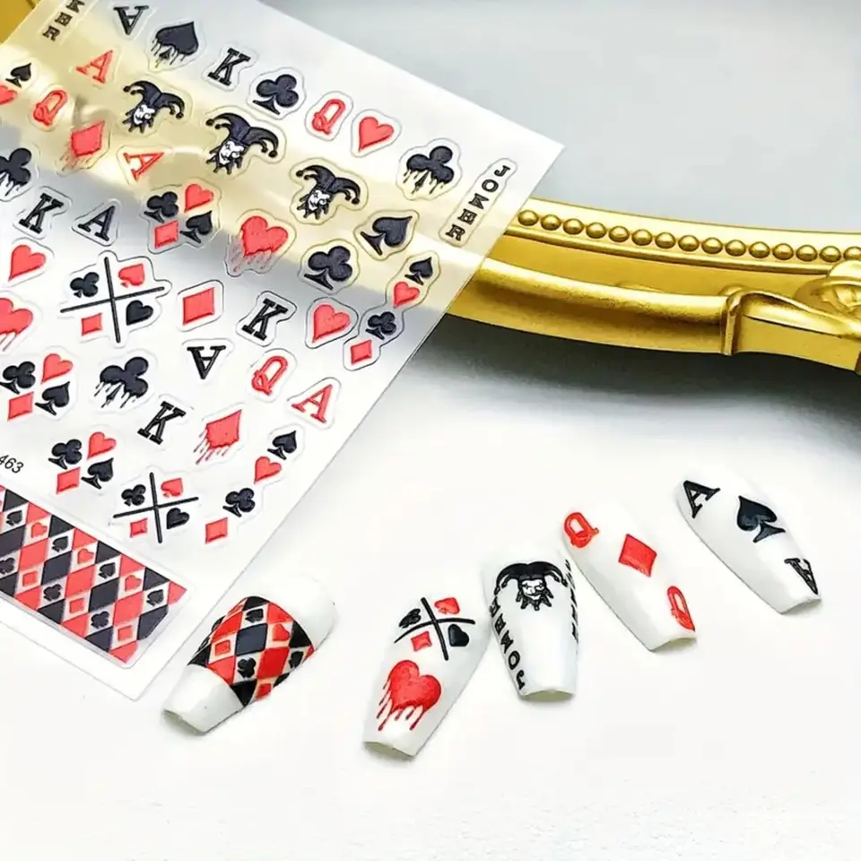 Poker hracie karty na nechty na nechty Art 5D Reliéfne dekorácie nechtov DIY pre manikúru pokerový dizajn nálepky