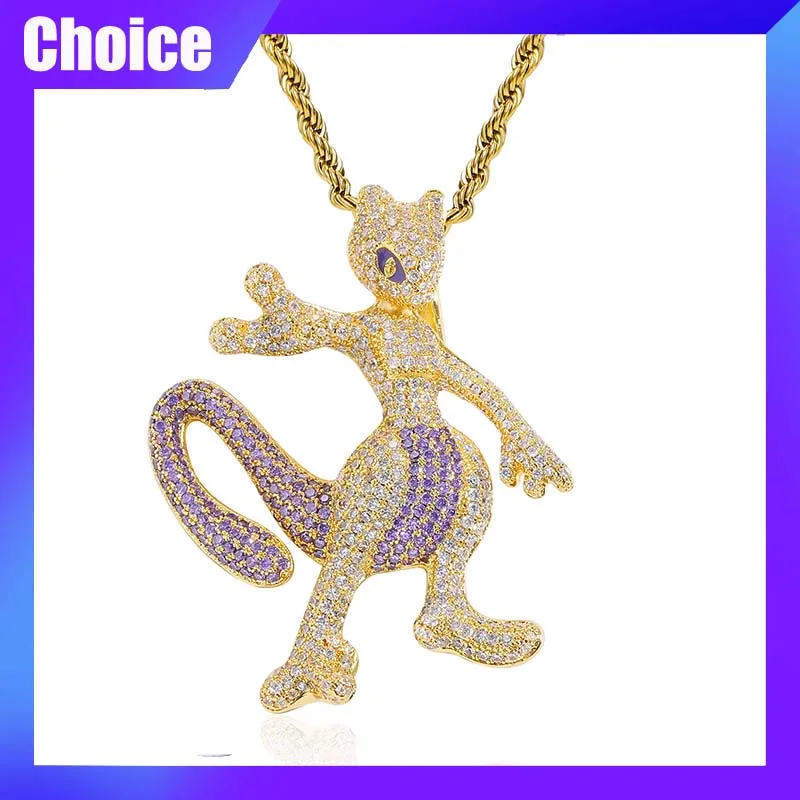 Pokémon Mewtwo Figure náhrdelník anime karikatúra prívesok kawaii roztomilý zirkón Príležitostný módny hip-hop šperky Birthady X-Mas Gift