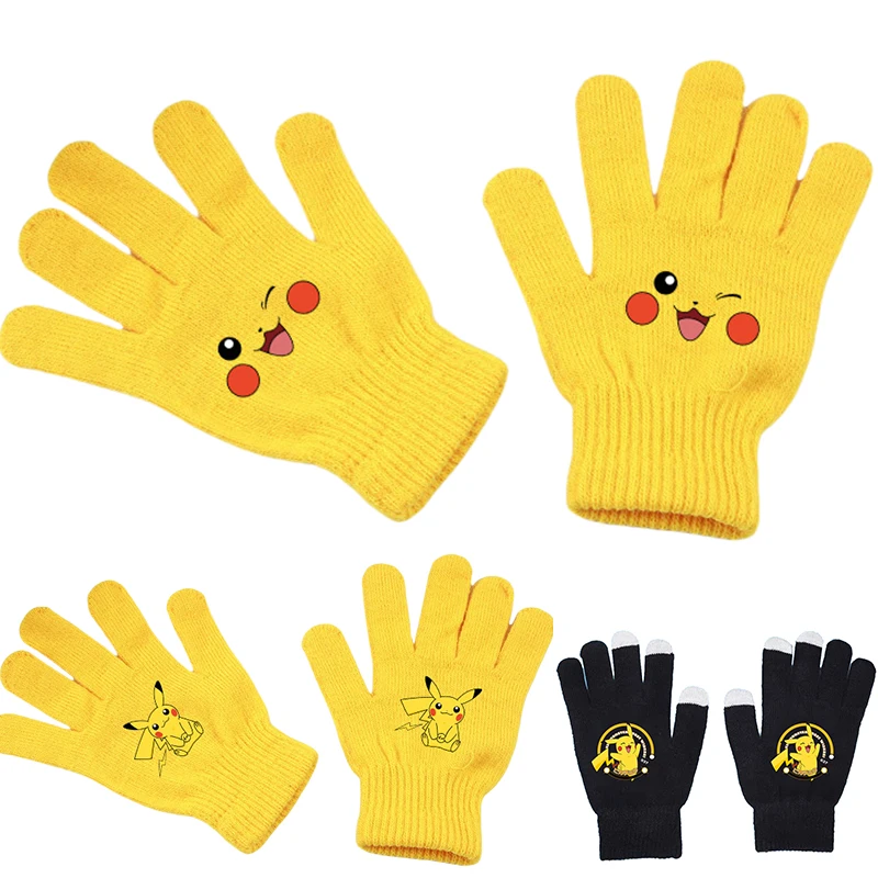 Pokémon Pikachu pletené zimné rukavice Ženy Men Men Teplá pevná farba hrubá dotyková obrazovka lyžovanie vonkajšie cyklistické rukavice darčeky