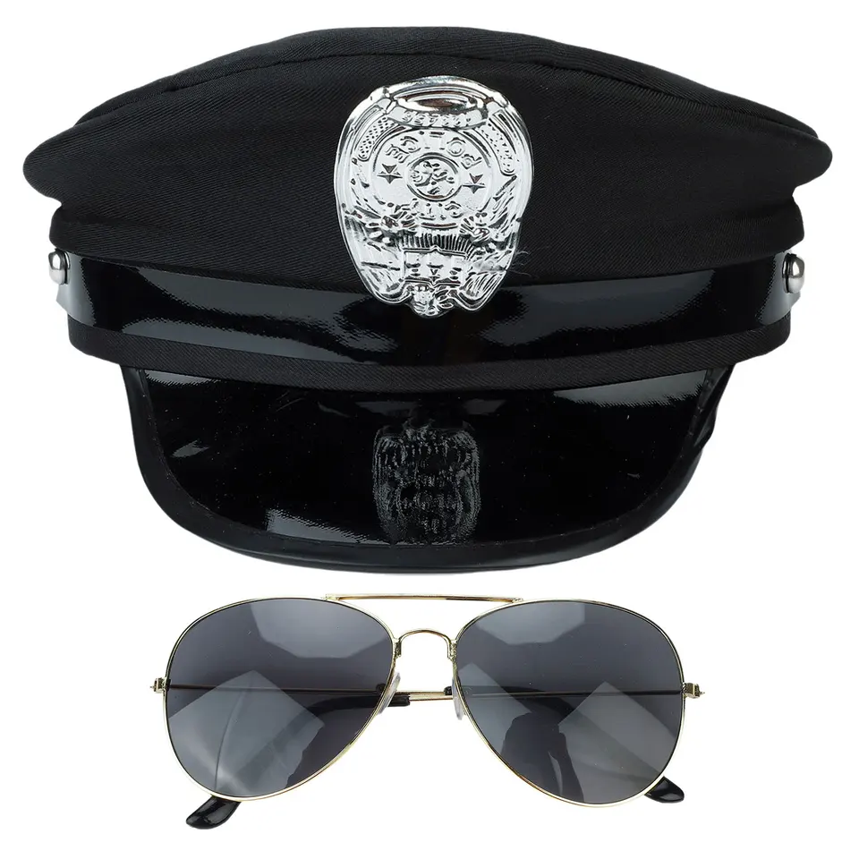 Policajný dôstojník klobúk Cap Cosplay Party Hat s rámovými okuliarmi Armádne vojenské klobúky Performance Performance príslušenstvo príslušenstvo Dodávky večierkov