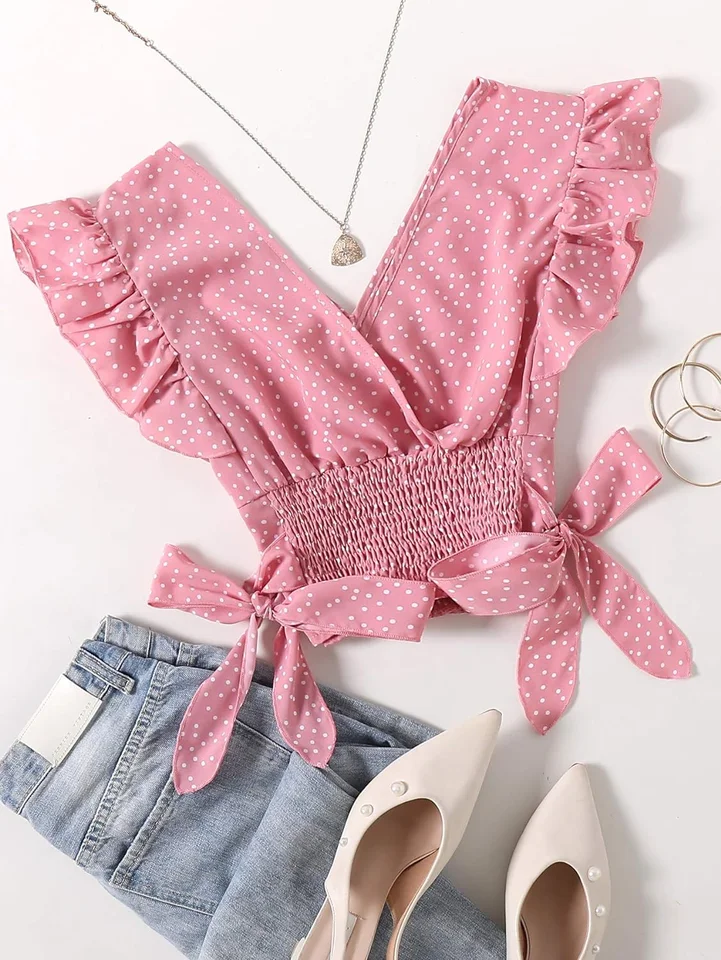Polka Dot Bowknot Side Topchic Crrop V Top na jar a letné dámske oblečenie na jar a letné oblečenie