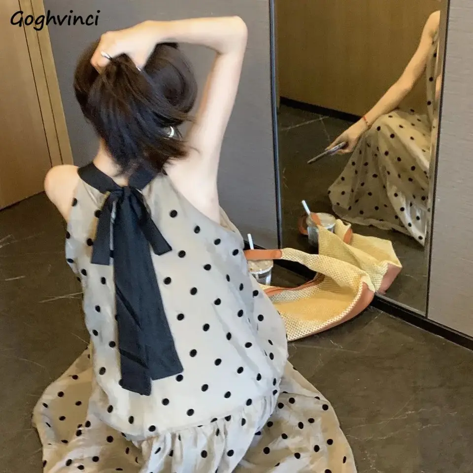 Polka Dot Dresses Ženy členok-dĺžka bez rukávov A-line voľný šnurovanie francúzskeho štýlu