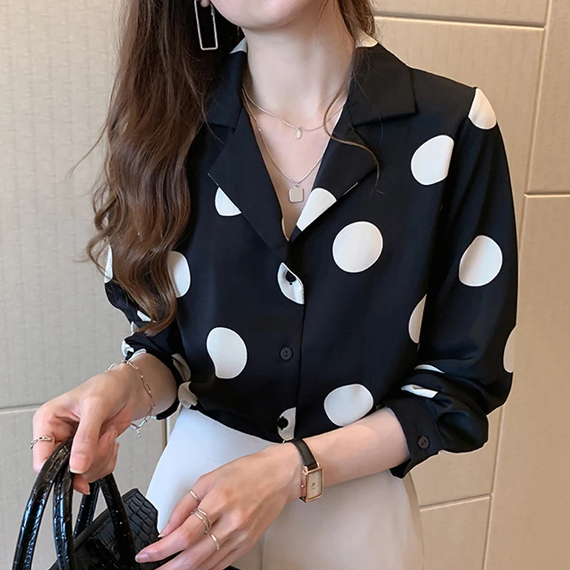Polka Dot Dámska košeľa Elegantné klopové klopanie blúzka s dlhým rukávom Dlhé rukávy letné vrcholy vintage ležérne oblečenie Camisas e Blusas