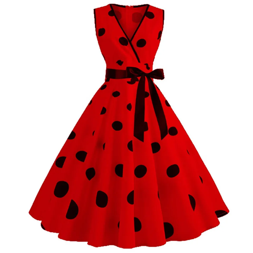 Polka dot letné dámy šaty vintage retro s rukávmi bez rukávov Vestidos rúž femme ležérne šaty A-line párty 2024