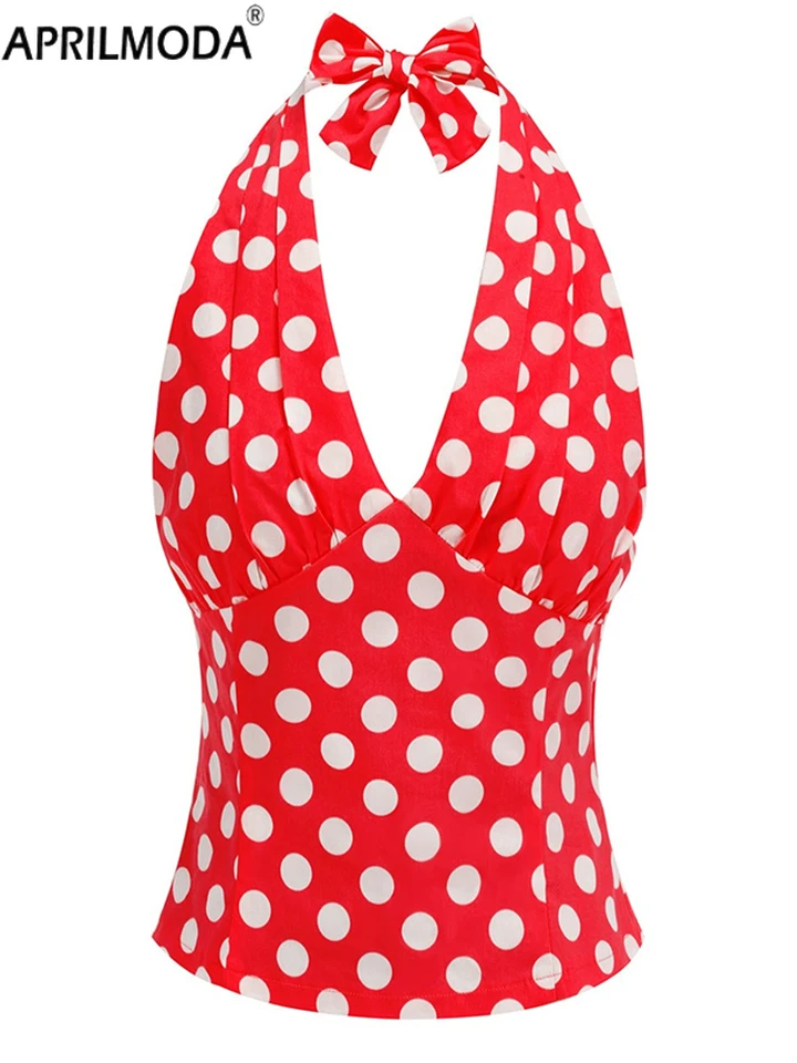 Polka Dot Print Cotton Halter Vintage topy pre ženy 50s bez rukávov horúce dievča retro pinup sexy párty sviatočné tričko Rock Rock Clothing