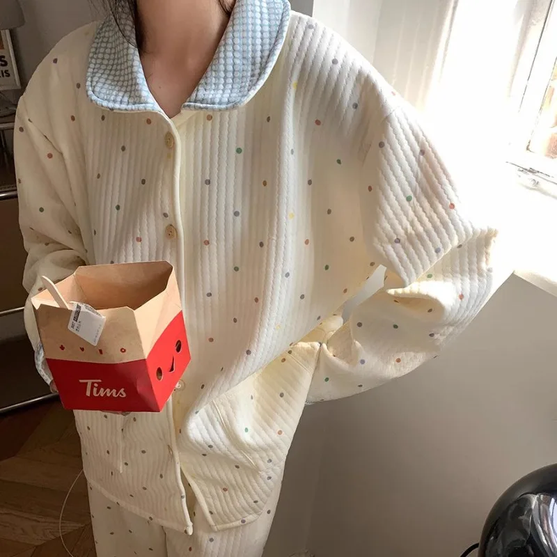 Polka Dot Sleewear Women Dámske súpravy Kórejské piiama jesenná noc nosí domáci oblek s dlhým rukávom Peter Pan Sady 2 kusy nové nové