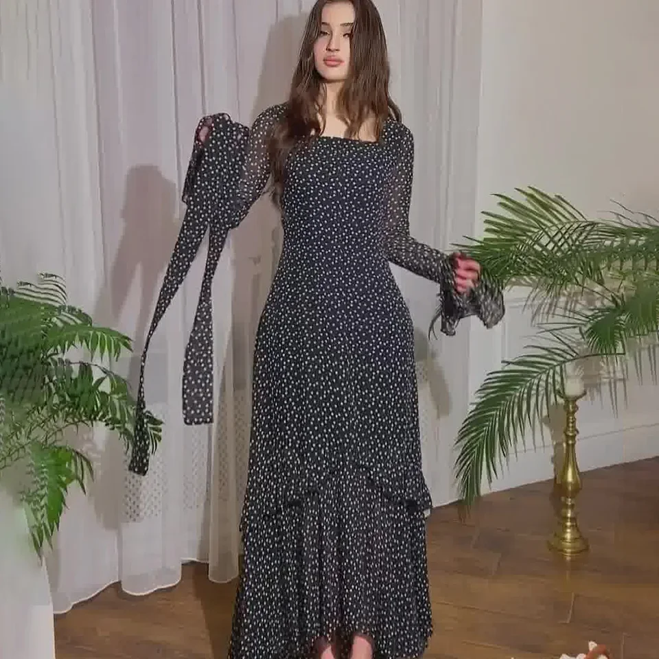 Polka Dots Lotus Ruckves Dámske šaty Spring šifón pre ženy Elegantné patchworky Nepravidelné večerné šaty narodeninová oslava