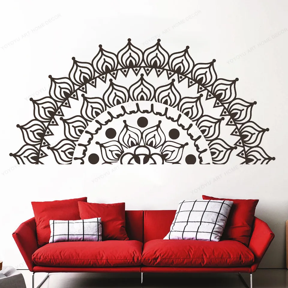 Polovica mandala nástenná nálepka Yoga Studio nálepky pre meditáciu čela spálne Yoga na stenu v boho štýle pre obývaciu izbu HD263