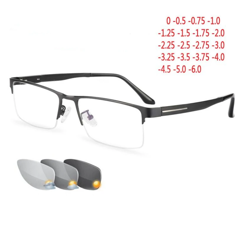 Polovičný štvorcový krátkozrakosť fotochromatické okuliare Ženy Men polo -rimless kovový chameleón blízko nahraté okuliare 0 -0,5 -0,75 až -6.0