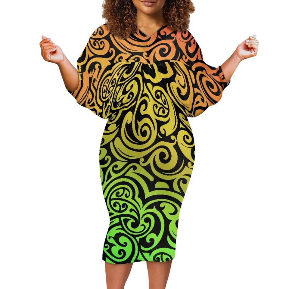 Polynézsky kmeňový totem tetovanie Hawaii výtlačky, dámy Dolman Sleeve Bag Hip Sukňa, Streetwear Dress, Half Ruckve, Sexy Slim-Fit