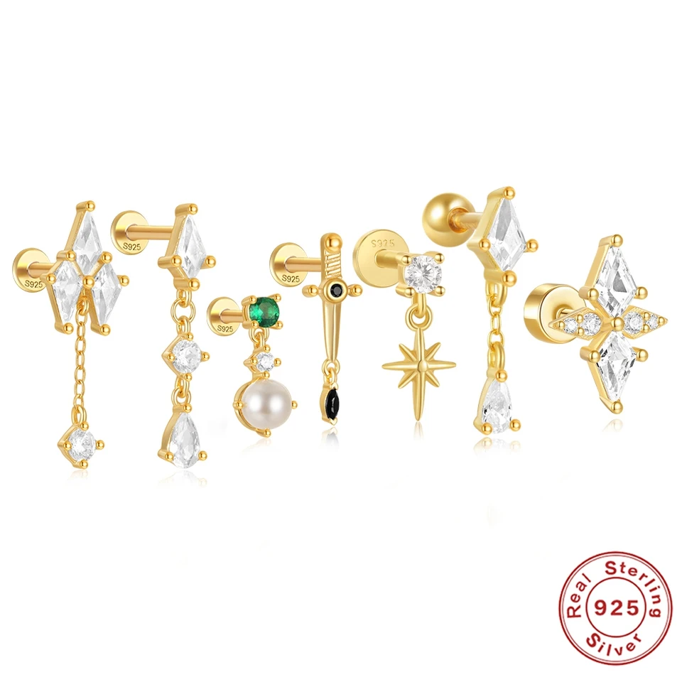 Pomocník 925 Sterling Silver 18K zlatý tanier 1pc jednoduchý dizajn Geometrický zirkón Piercing náušnice pre ženy