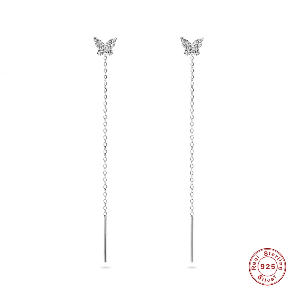 Pomocník 925 Sterling Silver Leskiny CZ Zirkón Butterfly Stud s dlhým reťazcom PIN SPIN PREDNÁ ZADNÉ ZADNUTIE ZÁKLADNÉ ZÁKLADNÉ ZÁKLADNÉ ZÁKLADY