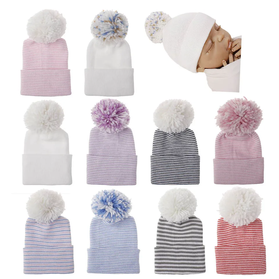 Pompom lopta novorodenec novorodenca pletená čiapka novo narodená nemocničná klobúk dieťa teplý pletený klobúk s loptičkou Dievčatá batoľa teplé turban bebes