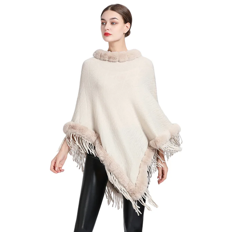 Poncho Tassel Shawl Faux Fur kožušina Dámsky vzor Argyle Cape Fringed Asymetric Cover Up Diamond Shawl