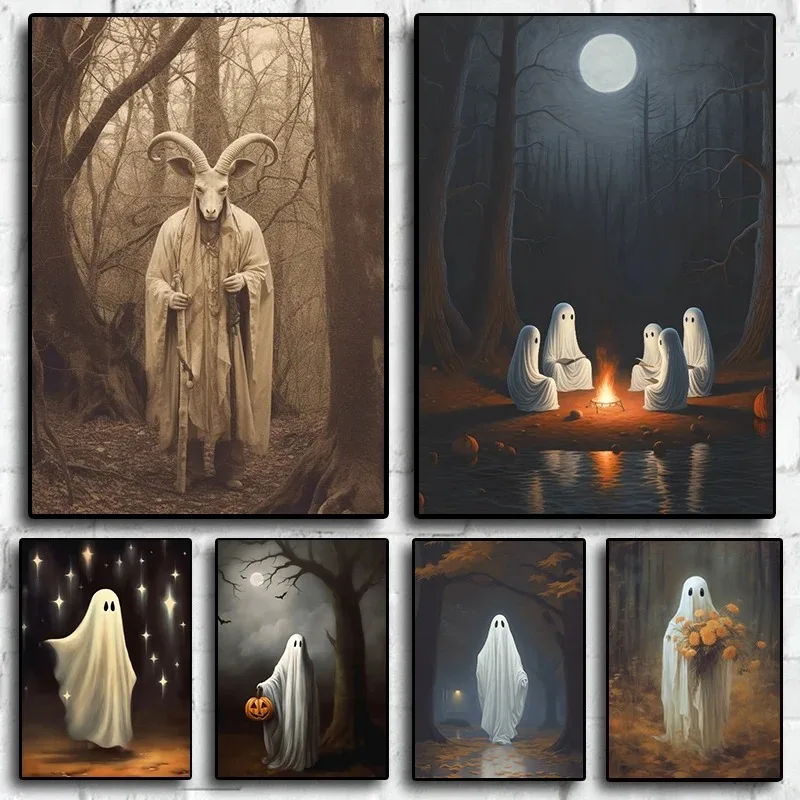 Pop Art Funny Ghost Plagát estetické Halloween Pumpkin Candle Ghost retro plátno tlač Wall Art Detská izba dekorácie Domáca dekorácia