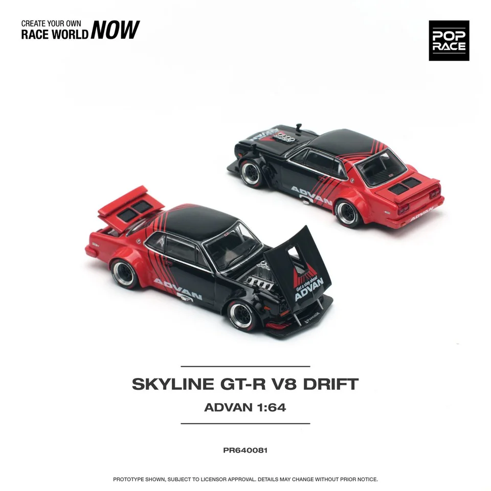 Pop preteky na sklade 1:64 Skyline GTR KPGC10 Hakosuka V8 Drift Advan Diecast Dieoram Model Model Collection Miniature Carros Hračky