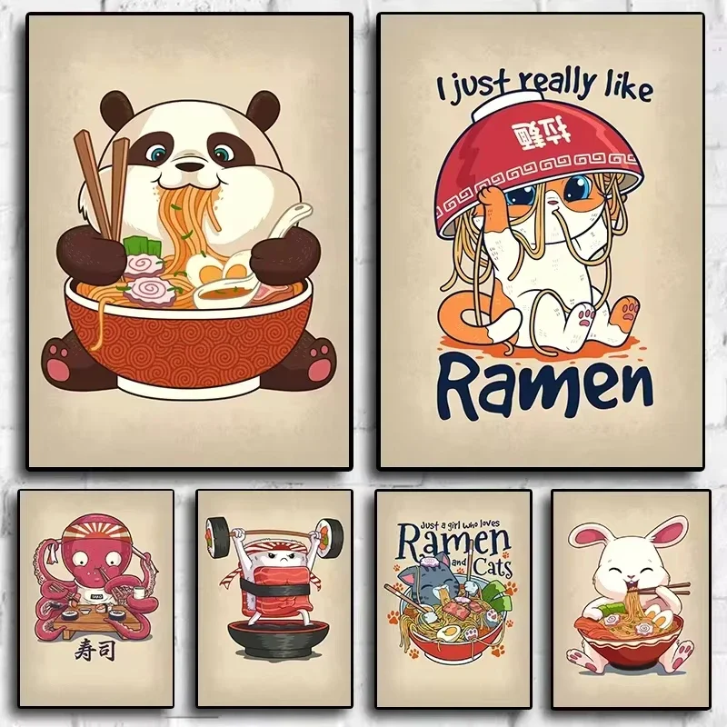 Pop retro roztomilé zvieratá Plagát Plagát estetika Ramen Sushi Panda Cat Rabbit Drink Canvas maľba nástenné umenie Domov kawaii izba dekor