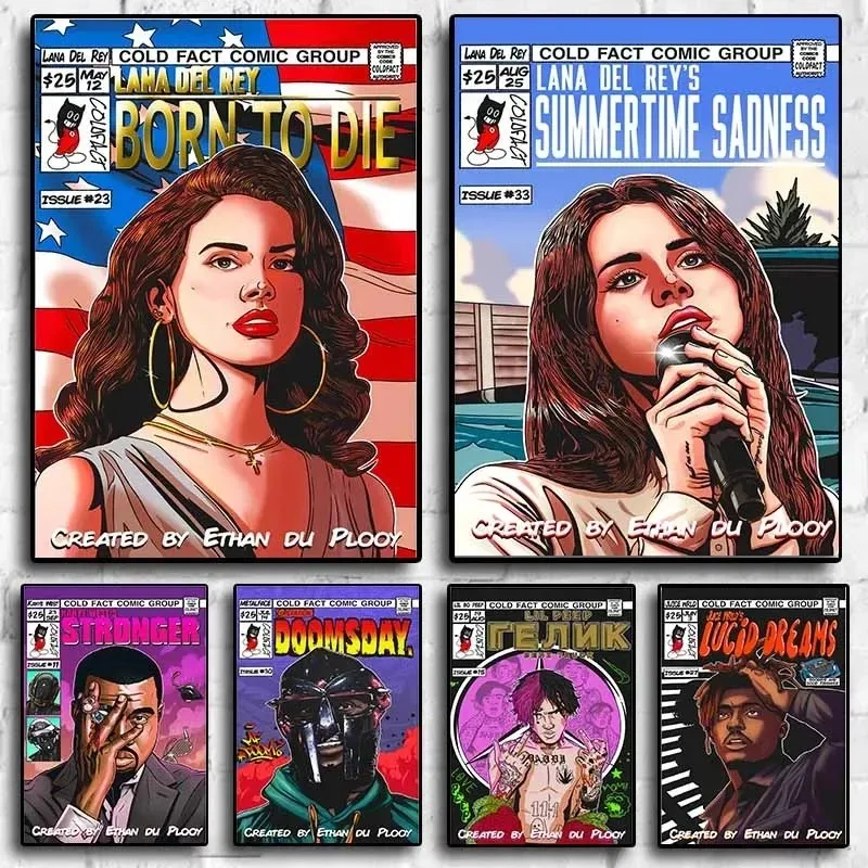 Pop Singer Juice Wld Comic Plagát estetická sada hip hop rapper lana del rey eminem hudba manga plátno tlače nástenná móda výzdoba