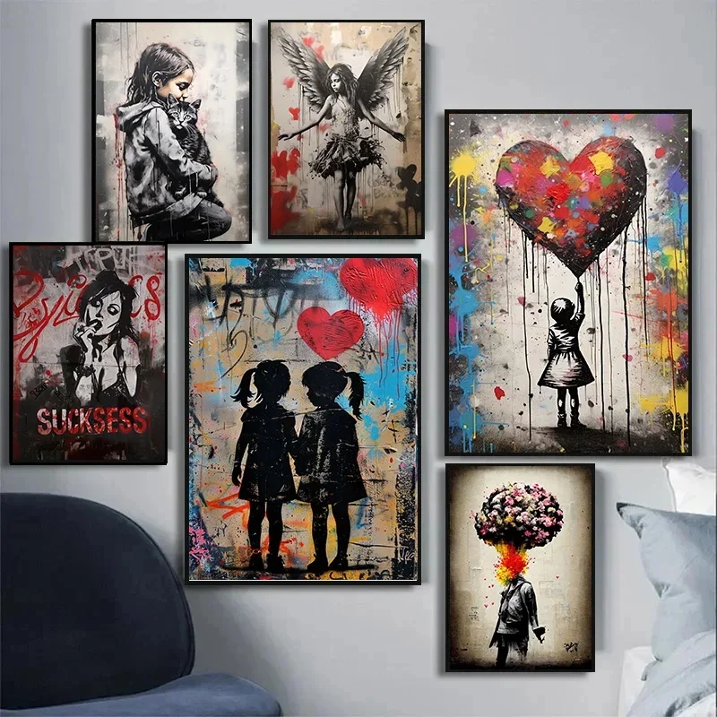 Pop Street Graffiti Wall Art Plagáty Banksy Boy Girl s balónom na plátne plagáty výtlačky maľba obývacia izba Domáce dekorácie darčeky