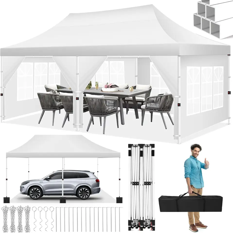 Pop -Up Canopy Stan 10x20 so 6 odnímateľnými bočnými stenami 210D PU strieborné valcové vaky a 6 vakov na slnečné vrecká biele