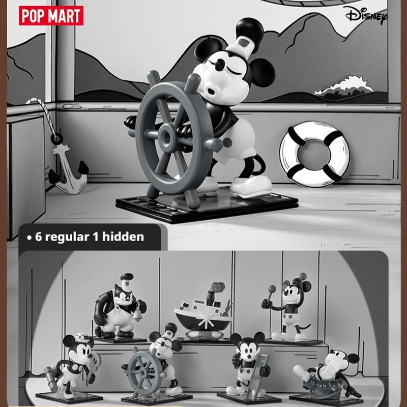 Popmart Disney Willie Steamboat Series Series Blind Box Figurins Mickey Mouse Classic Black -Biely postava