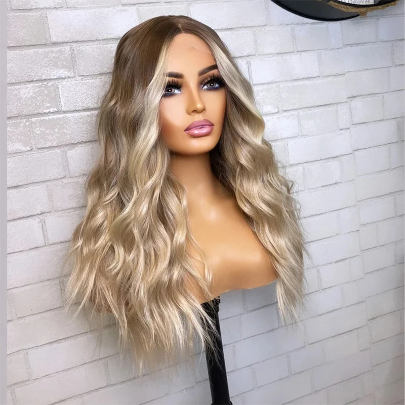 Popolová blondínka tmavo hnedé korene balayage plážové vlny prémiové ľudské vlasy zmes syntetickej čipky predná parochňa 13x4 Parochňa zadarmo pre ženy