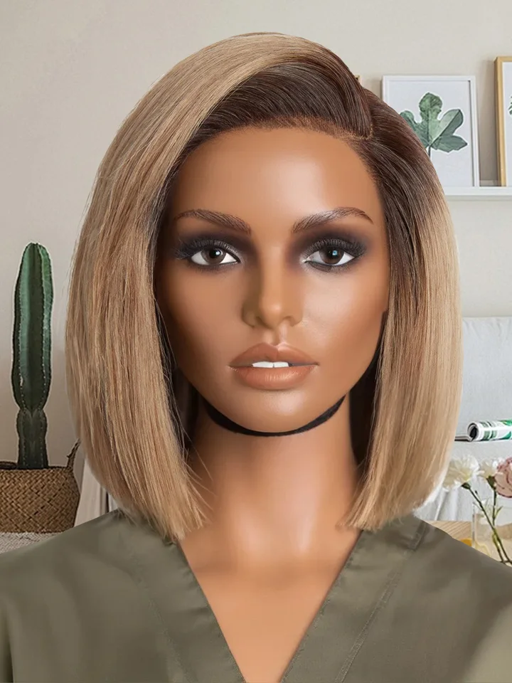 Popolový blondínok Gradient Rovná krátka parochňa Oblečenie a choďte tupý strih Minimalistické bez Glueless HD Lace Closure Boss Strana Parochňa s ľudskými vlasmi