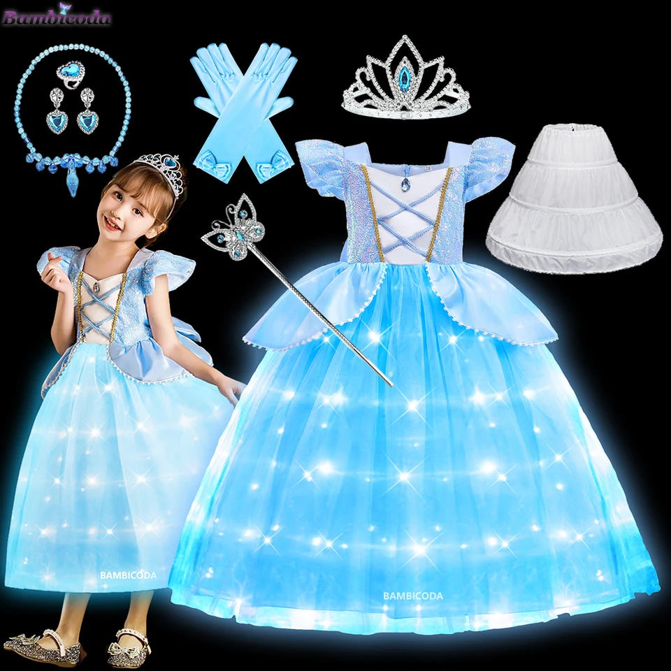 Popoluška kostýmy dievčatky rozprávkové deti luxusné cosplayé lemované ľahké šaty deti vianočné večierky Elegantné halloweenske princezné šaty