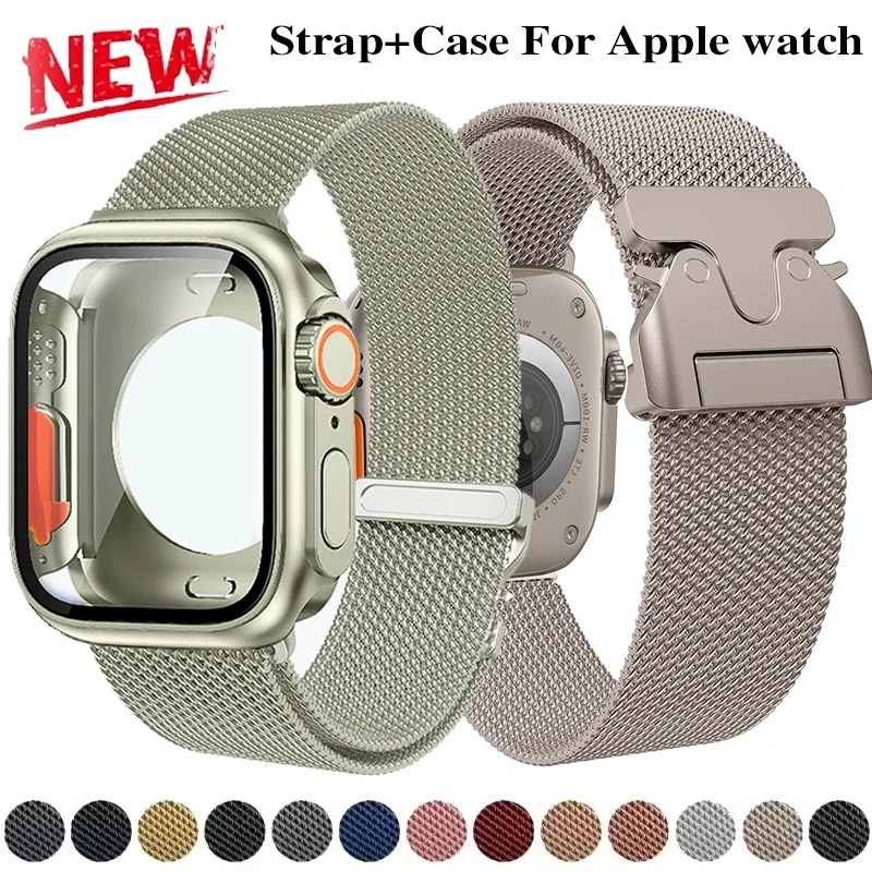 Popruh+puzdro pre Apple Watch S10 42 mm 41 40 44 45 46 mm Milanese náramok na zmenu na kryt ultra nárazníka pre sériu IWATCH 10 8 9 7 6