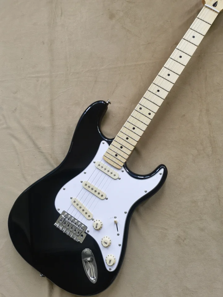 Populárna gitara ST, jasne čierna, javorová jadro krk, telo basov, biely stráž, vintage gombík, preprava zdarma (044)