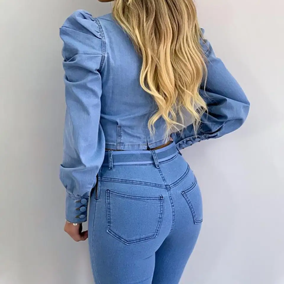 Populárna krátka jarná jesenná jesenná gombíky Cuff Imation Denim Pullover Puff Rufve Soft Lady Lady Pullover na večierok