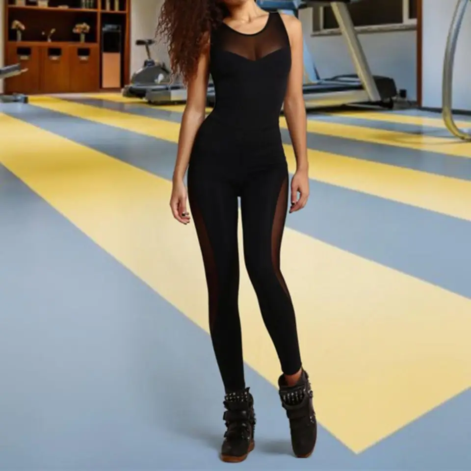 Populárne dámske stopy sexy sieťové letné letné rukávy Pozrite sa cez kombinézu Dance Sportswear Slim