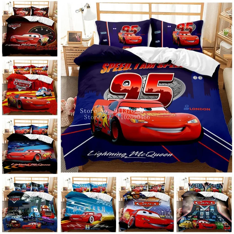 Populárne roztomilé autá Detské posteľné súpravy Single Twin Twin Cance Cover Cover Bed Set vankúš Lightning McQueen 95 Bedlothes