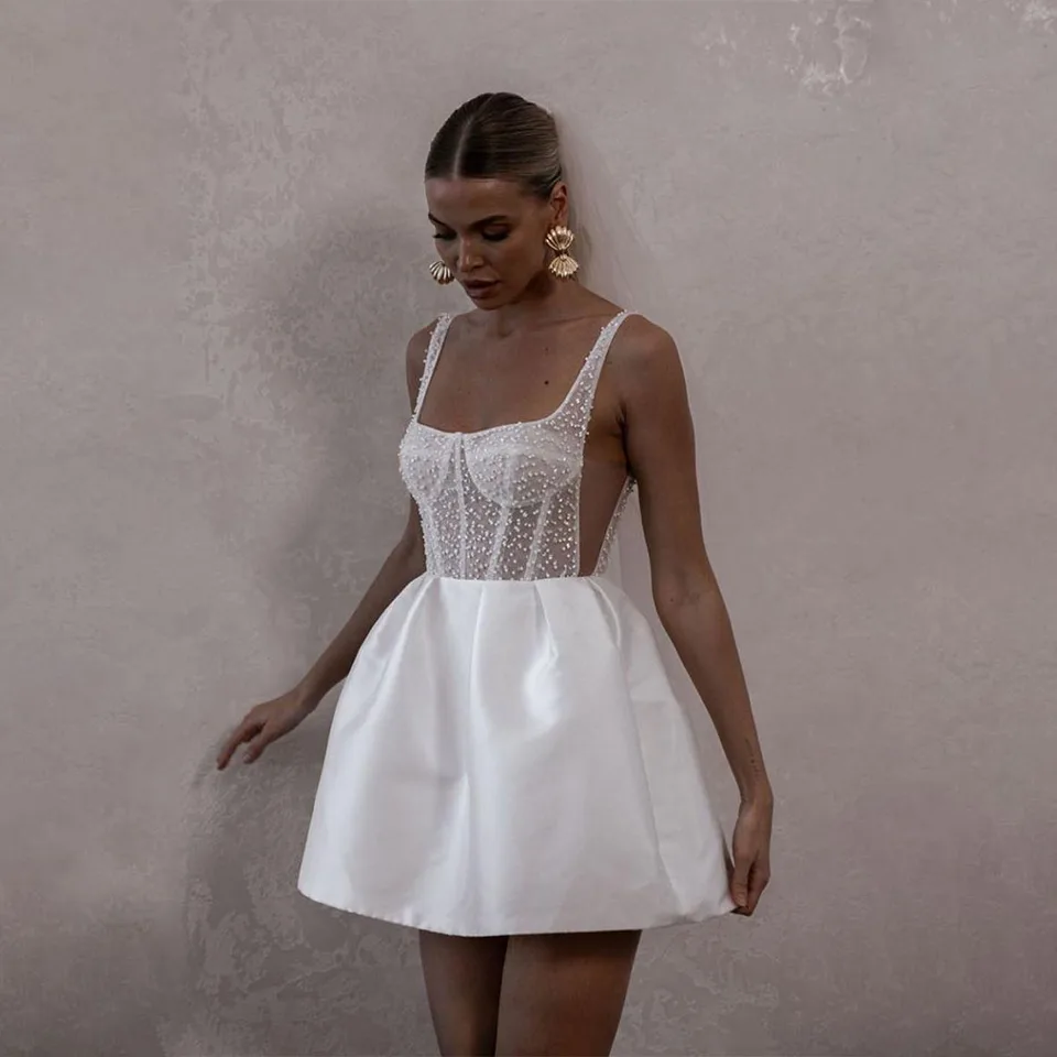 Populárne široké popruhy číra ilúzia Hruška krátky krátke svadobné šaty s mini svadobné šaty Vestido de noival