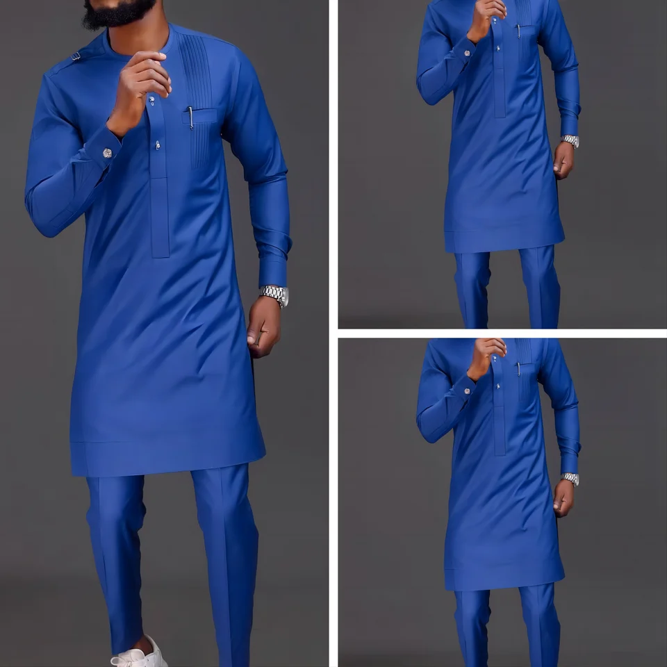 Populárny africký národný štýl Pánske oblečenie Blue Crewneck Osobnostná košeľa a tepláky 2-dielne neformálny dobre vyzerajúci oblek