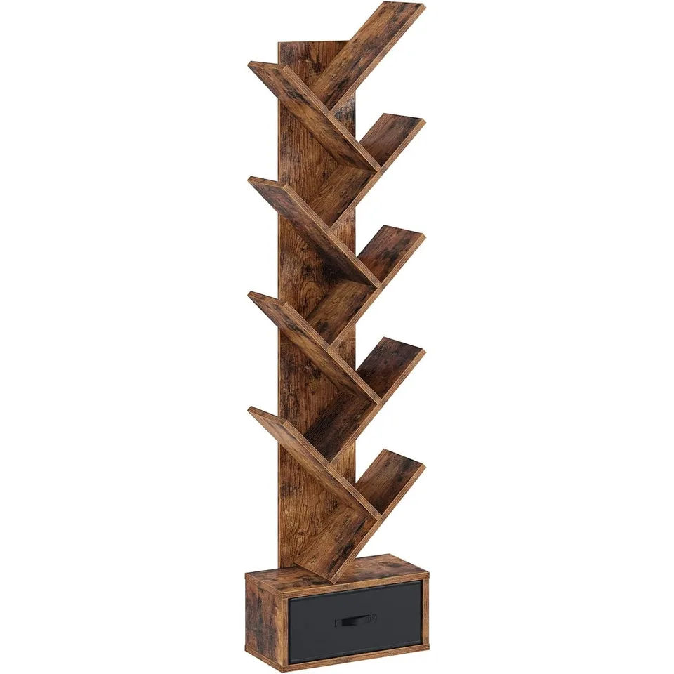 Poražila s zásuvkou 9 polica Tree Bookshelf Wooden Bookshelves Storage Rack pre CD/filmy Knihy Rustikálny hnedý knižnica Utility