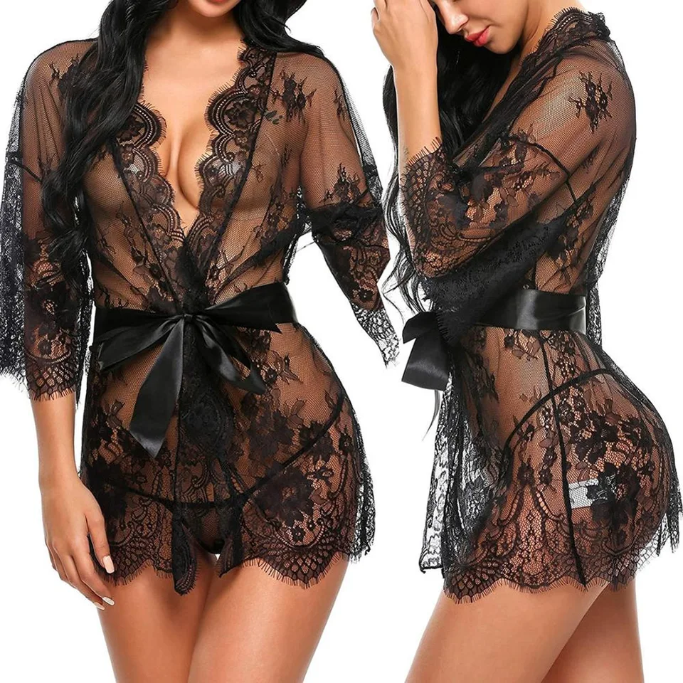 Porno Ženy Sexy spodné prádlo Šaty Transparentné V-krk Nightwear Lace babydoll erotický spánok