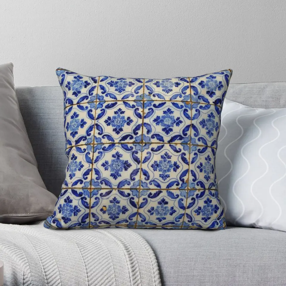 Portugalské dlaždice. Modré kvety a listy štvorcový vankúš Pollwcase Polyester Linen Velvet Zip Decor Decor vankúš v vankúši posteľ vankúšiky 45x45