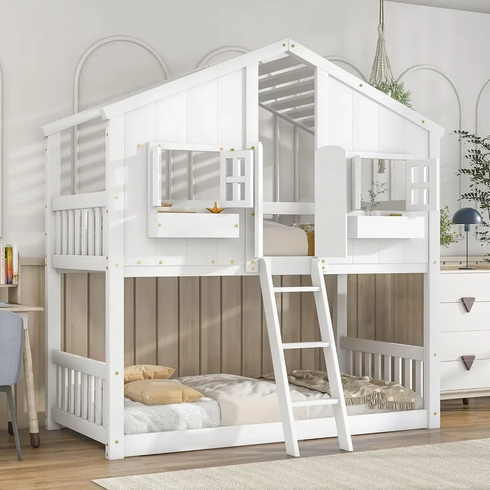 Poschodová posteľ dvojča Over Twin Kids Bunk Bed Wood Rám so strechou, oknami, oknami, dverami, bezpečnostnými zábradliami a rebríkmi